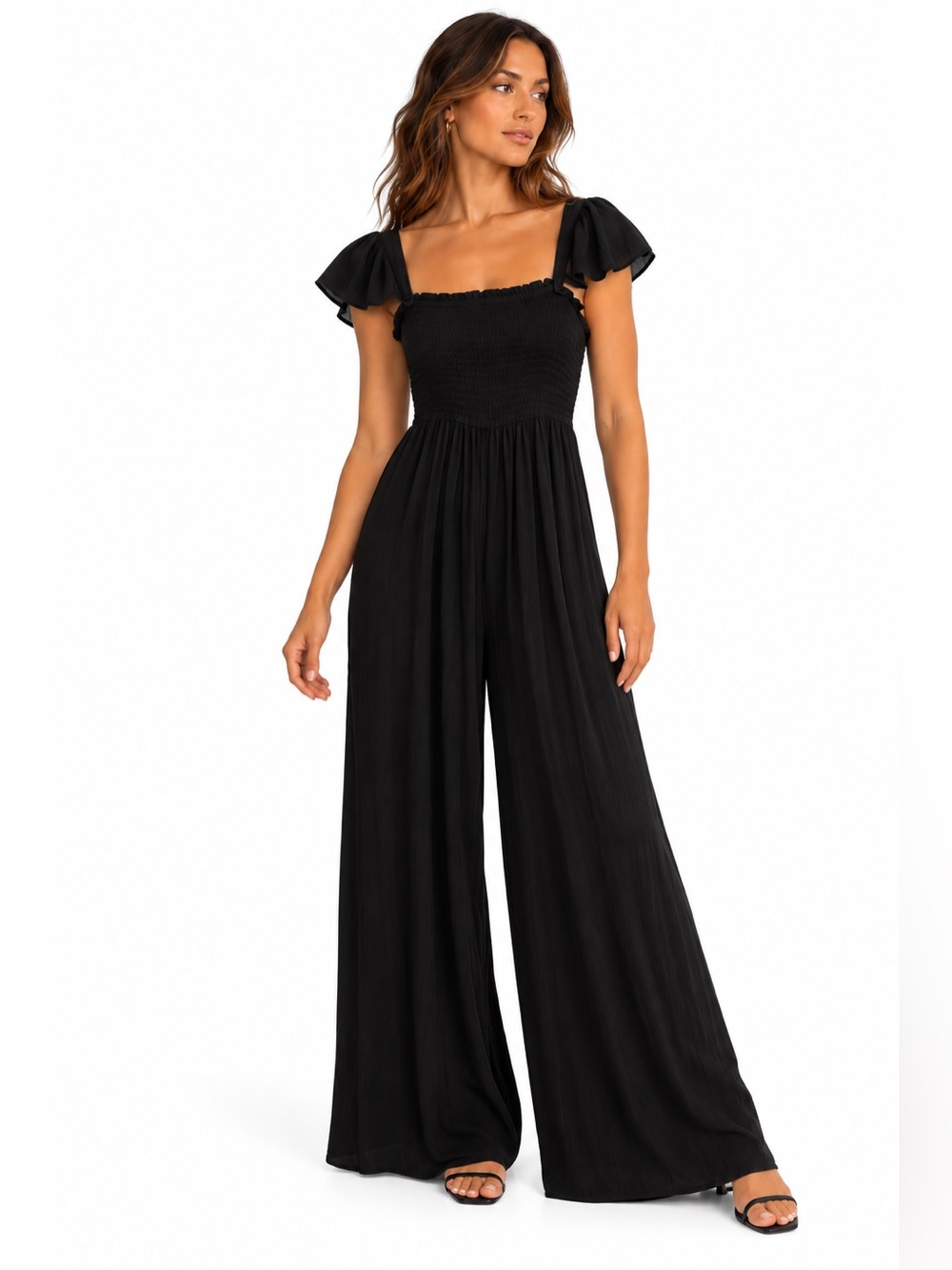 ✌️2/$20✌️Charlie Paige Black Smocked Flutter Sleeve Jumpsuit – Size Small EUC